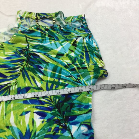 Cache Knit Top Sweater Sz XS Womans Green Blue Floral Knit Studded Short Sleeve - Picture 8 of 13